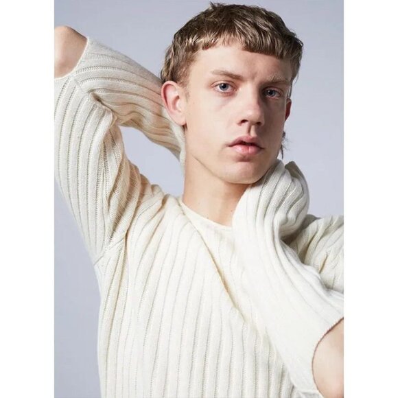 HELMUT LANG Re-Edition Ivory 100% Wool Ribbed Knit Cut-Out Elbow Sweater, Size M - Picture 3 of 16